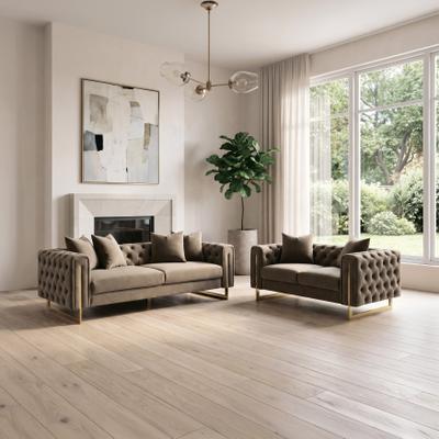 Furniture of America Velva Modern 2-Piece Warm Mink Brown Plush Velvet Tufted Sofa and Loveseat Set with Accent Pillows