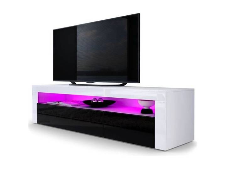 Vladon Meuble TV bas Valencia en Blanc mat - Noir haute brillance - Blanc haute brillance