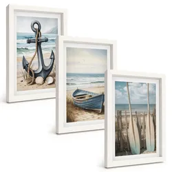 BILDER SET 3er Set - 20x30 cm Weißer Rahmen - Anker, Boot, Ruder, Strand