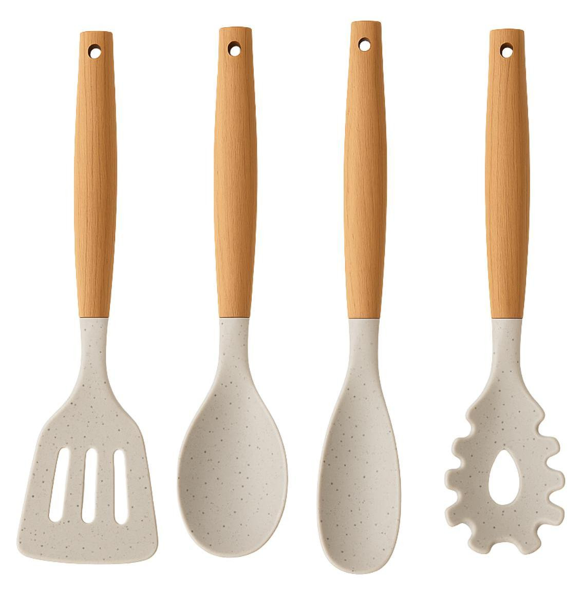 Cookinglife Keukengerei set - 4-delig - Hout beige - Bakspaan, opscheplepel, saladelepel en spaghettilepel