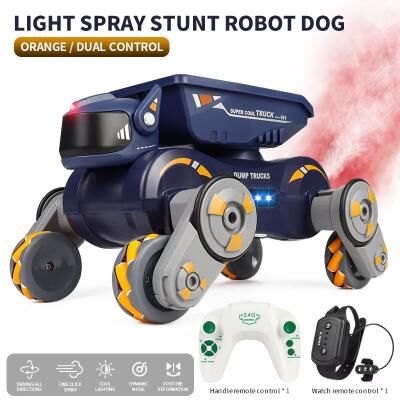 Inspired Finds RC Stunt Car 8 Wheel Robot Dog Remote Control Toy With Lights Spray And Gesture Sensing orange Dual 1b