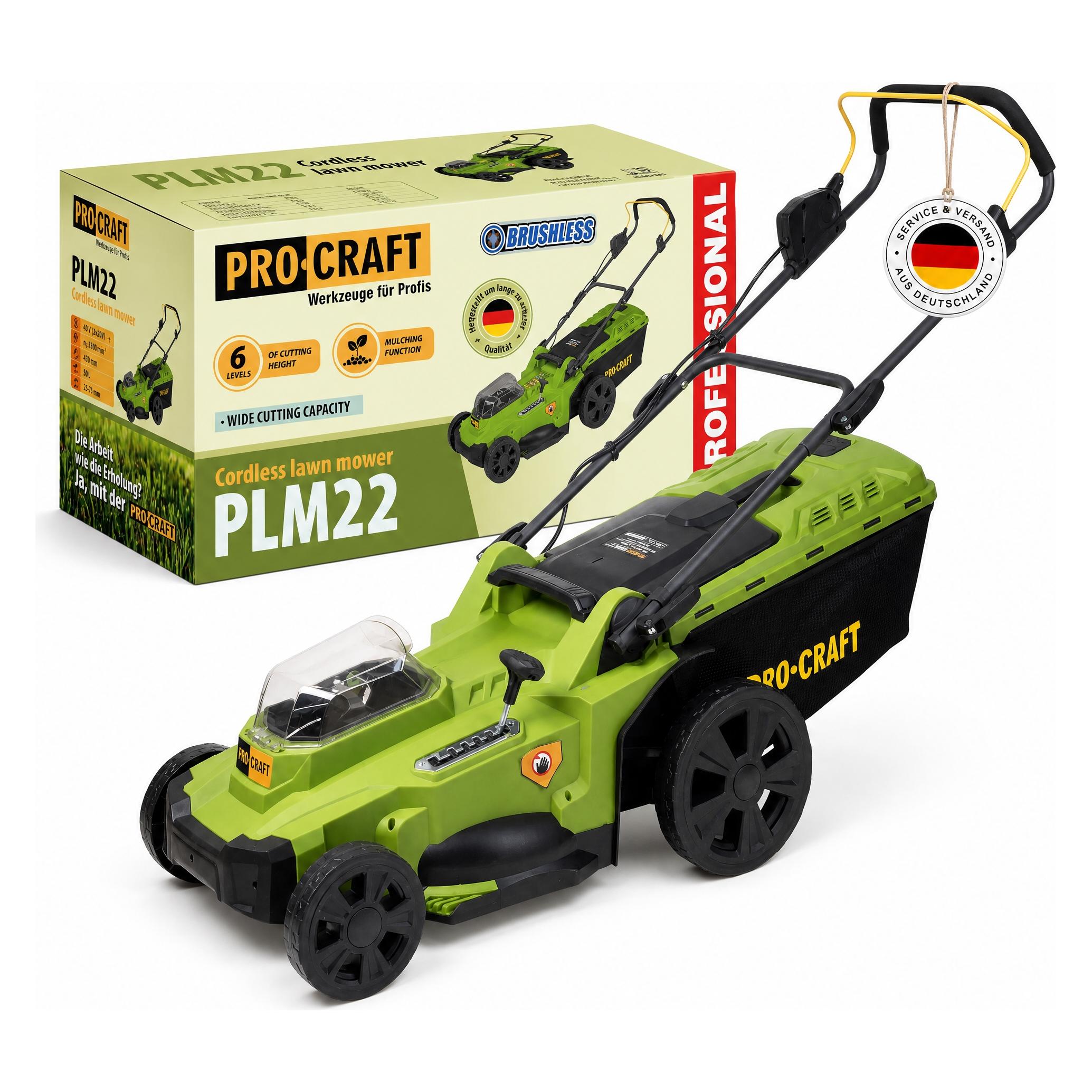 Procraft PLM22bb Akku Rasenmäher 40 V ( 2x 20 V ) 430 mm Brushless Solo - ohne Akku, ohne Ladegerät (Akkubetrieb) (PLM22bb)