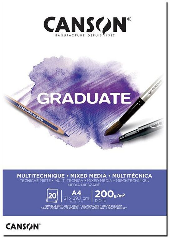 CANSON Bloc dessin blanc Graduate Mix Media 20 feuilles 200g A4