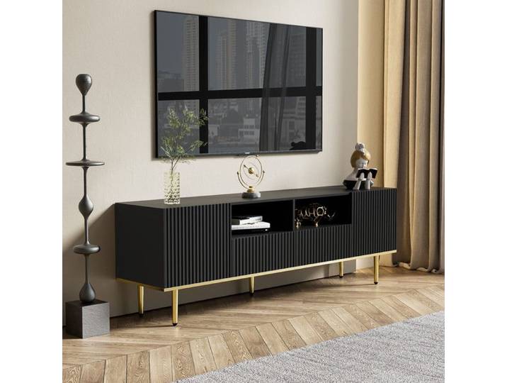 Meuble TV Moderne Meuble TV avec Pieds Dorés Table Television Salon avec Rangement Meuble télé Banc TV Noir 165x36x55 cm