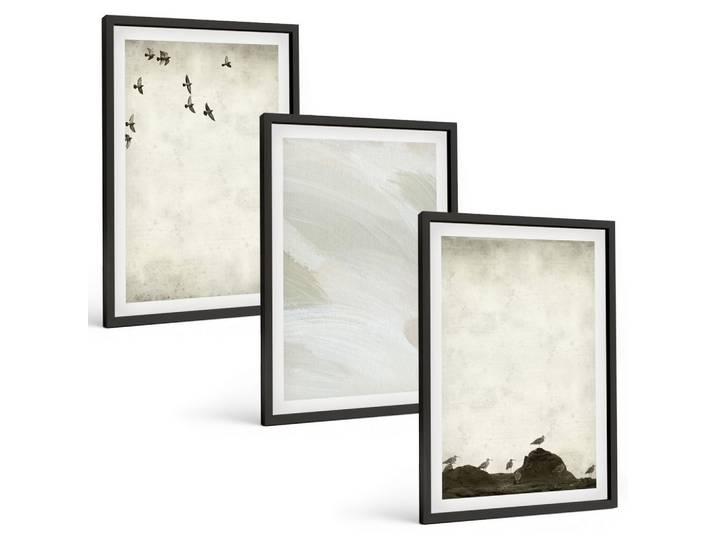 BILDER SET 3er Set - 40x60 cm Schwarzer Rahmen - Vögel, Steine, Pinselstriche, Verzierungen