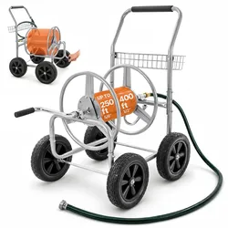 VEVOR Schlauchtrommelwagen, fasst bis zu 76 m x 1,5 cm Schlauch, Garten-Wasserschlauchwagen, mobile Werkzeuge mit 4 Rädern Stahl zum Pflanzen im Freien mit Aufbewahrungskorb, für Garten, Hof, Rasen