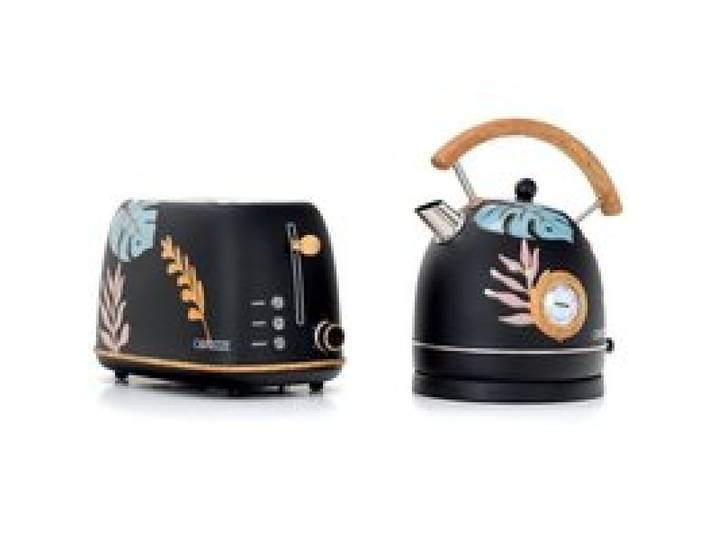 Pack Grille-Pain Caprizze Kaito avec Double Fente Extra Large et Bouilloire Nara Couleur Noir Mat Floral Design Rétro Vintage