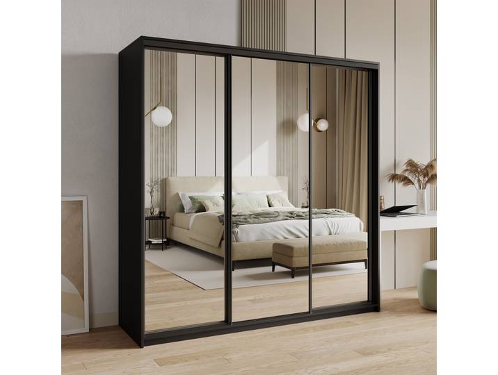 Masseno Schiebetürenschrank RIEN 200/205/60cm 3-türig mit Spiegel Schwarz