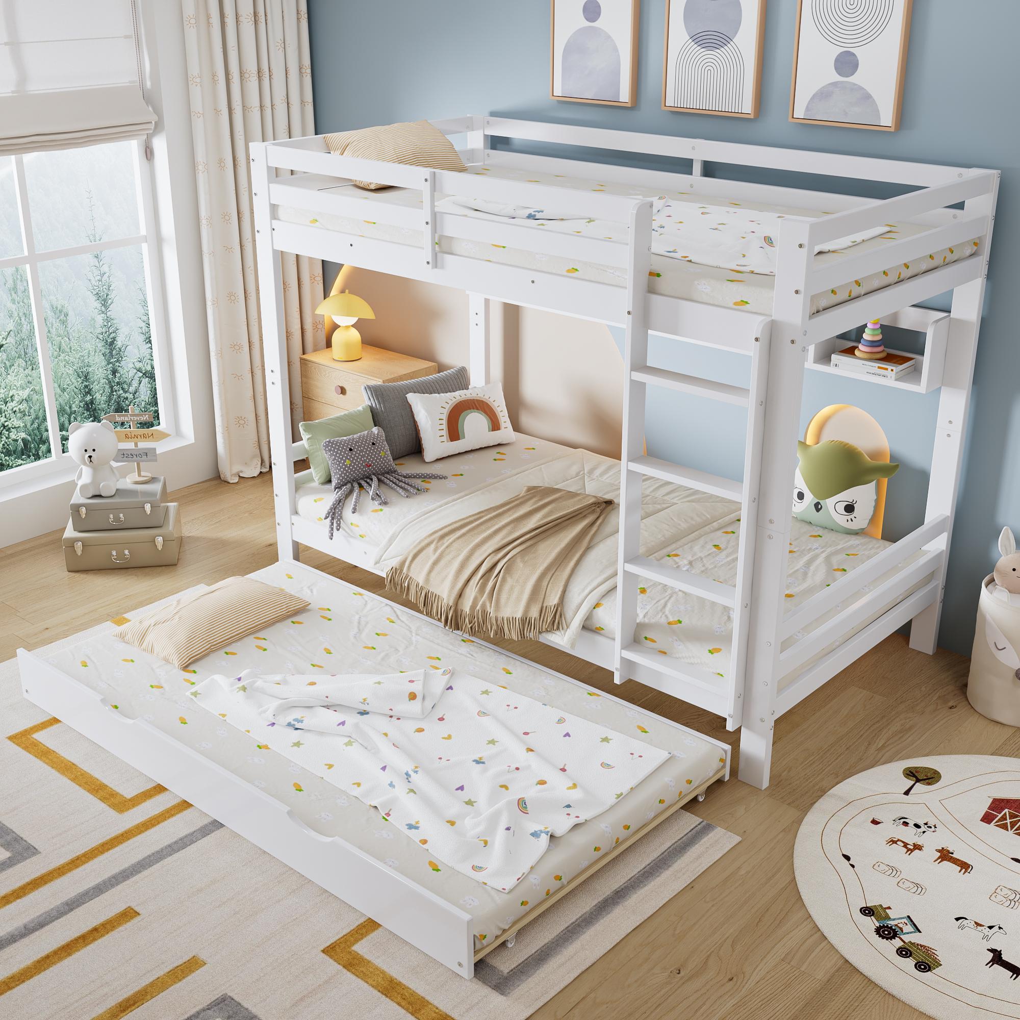 okwish Etagenbett 90x200 Jugendbett mit einer Matratze,Kinderbett mit Ausziehbett auf Rollen und einer Reihe von 2 Meter langen Regalen,Bettgestell mit Bettlatten und Leiter,Weiß
