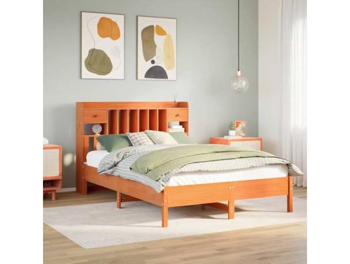RJPLMFV Bücherbett, massives Kiefernholz, 160 x 200 cm, ohne Matratze Lattenrost inklusive, integrierte Aufbewahrung, rustikales Design, ersetzt Nachttisch