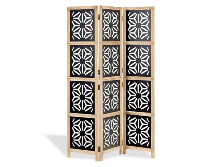 Homestyle4u Paravent Raumteiler 3-teilig 170x120 Trennwand Sichtschutz mit dekorativer Ornamentik aus MDF & Kiefernholz Schwarz Natur