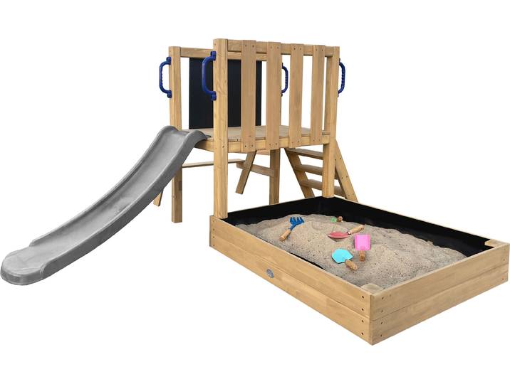 AXI Leah Mini Spielturm aus Holz in Braun mit grauer Rutsche Kleiner Spielturm für Kinder mit Sandkasten, Picknicktisch und Kreidetafel