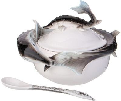 STP Goods "Sturgeon Porcelain Caviar Serving Dish with Lid and Spoon - 4.92 x 4.33"""