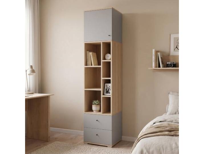 Lomadox Jugendzimmer Regalschrank 45 cm breit in Grau mit Eiche, mit Tür und 2 Schubladen