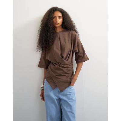 3/4-Arm-Shirt TOPSHOP "TSBETJA S/S WRAP T-SHIRT JRS", Damen, Gr. M (40/42), braun (chocolate braun), Jersey, Obermaterial: 97% Baumwolle, 3% Elasthan, unifarben, normal, Rundhals, gerader Abschluss, Shirts 3/4-Arm-Shirt, Baumwollmischung, in...