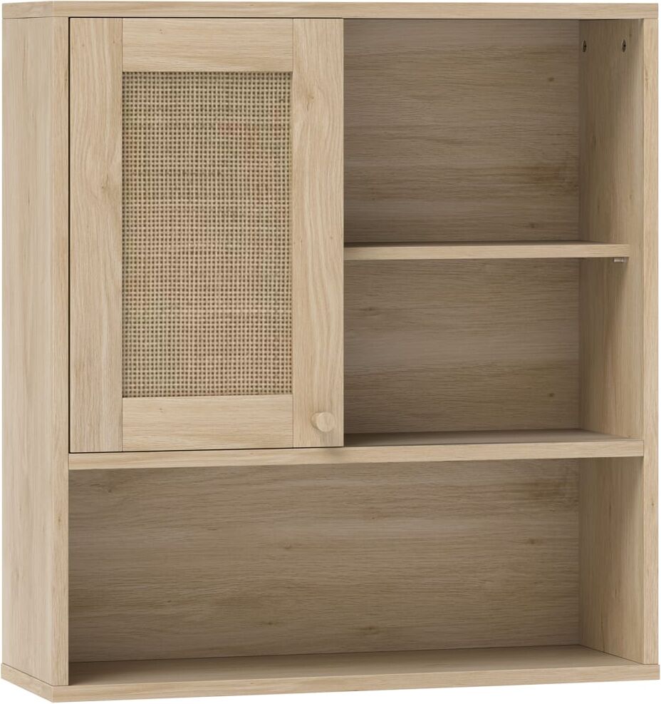 Homcom Armoire murale avec porte coulissante rotin et étagères bois naturel Beige 60x65x20cm