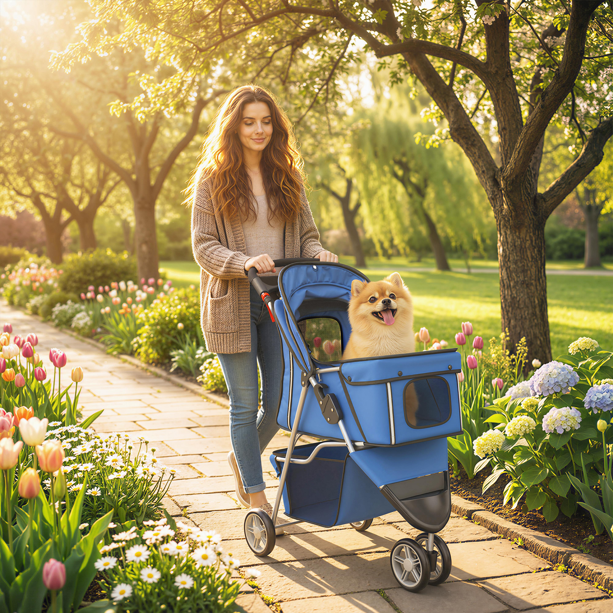 Pawhut Passeggino per Cani Pieghevole con Portabicchieri e Cestino, 77x44x102 cm, Blu   Aosom Italy