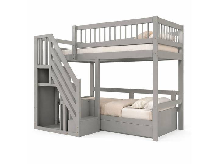 Evryae Hochbett 90/200 mit Stauraumtreppe und hoher Umzäunung in Grau, Holz, 90x200 cm, Babymöbel & Kindermöbel, Kinderzimmer & Jugendzimmer, Kinderbetten, Hochbetten