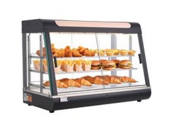 VEVOR 3-stöckige Wärmetheke 130 L, Warmhaltevitrine 1400 W, Warmhaltetheke 30–85 °C, Speisenwärmer mit LED-Beleuchtung & Verstellbaren Ablagen, Speisevitrine für Hamburger Pizza Brot Brathähnchen