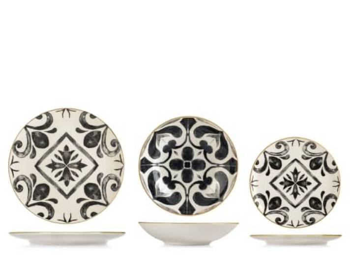 H&H Helena Tafelservice 18-teilig aus dekoriertem Stoneware, Komplettes Geschirrset für 6 Personen, Optical-Design in Schwarz und Elfenbein inspiriert von handwerklicher Majolika