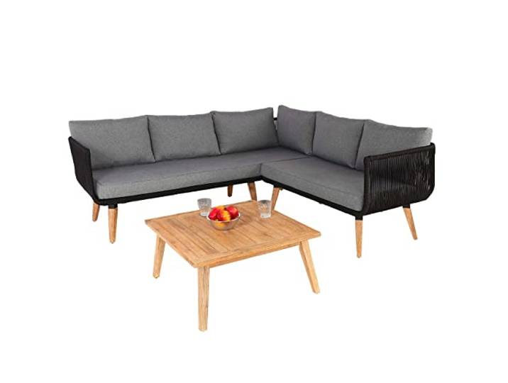 Mendler Garten-Garnitur HWC-L30 Akazie - Polster dunkelgrau