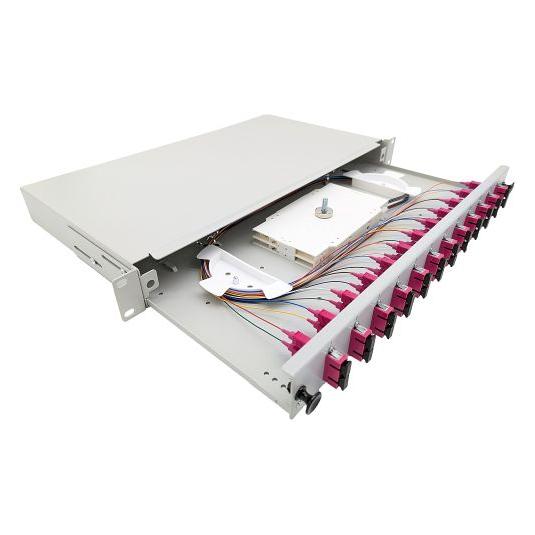 Tecline LWL Spleissbox, 12-fach SC-Duplex, OM4, mit SC Duplex-Kupplungen und Pigtails, 19", ausziehba (205OM4SC12)