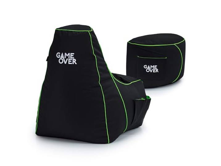 Game Over Video-Gaming-Sitzsack-Stuhl mit Fußhocker Innenbereich Außenbereich Hohe Rückenlehne Wasserabweisender Sitzsack Seitentaschen & Headset-Halter Ergonomisch für Gamer entwickelt (Fel