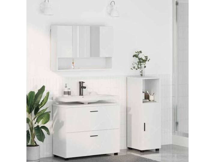 YUTAASU Badmöbel Set 3 STK. Weiß Holzwerkstoff Metall Wandmontierter Waschtisch, Spiegelschrank, Stehender Schrank, Feuchtigkeitsbeständig