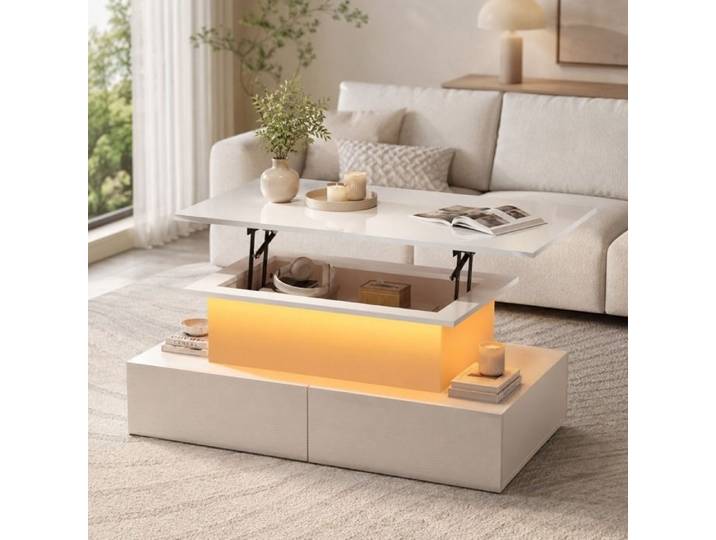 Table Basse Relevable Table Basse Salon avec LED 4 tiroirs Rangement en Bois d'Ingénierie Multifonctionnelle Blanc