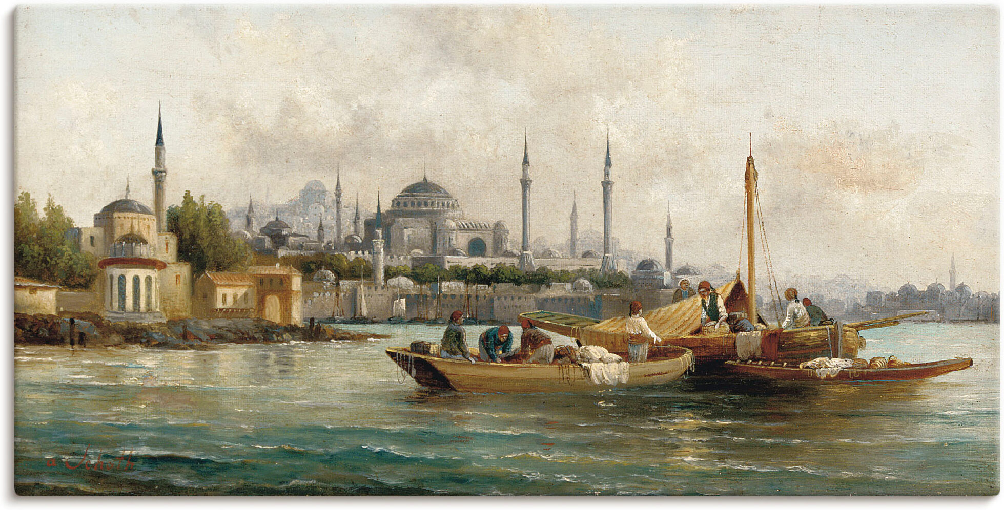 Wandbild ARTLAND "Handelsschiffe vor Hagia Sophia", blau (farbe bild(er): blau), B:100cm H:50cm, Bilder, Wandbild, als Leinwandbild, Poster in verschied. Grössen farbe bild(er): blau B/H/T: 100cm x 50cm, Leinwandbild Boote & Schiffe, 1 Stk.