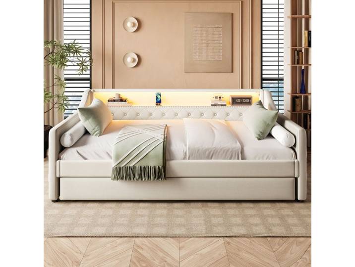 Lit Banquette 90x200 avec Lit Gigogne en Lin Beige et Éclairage LED