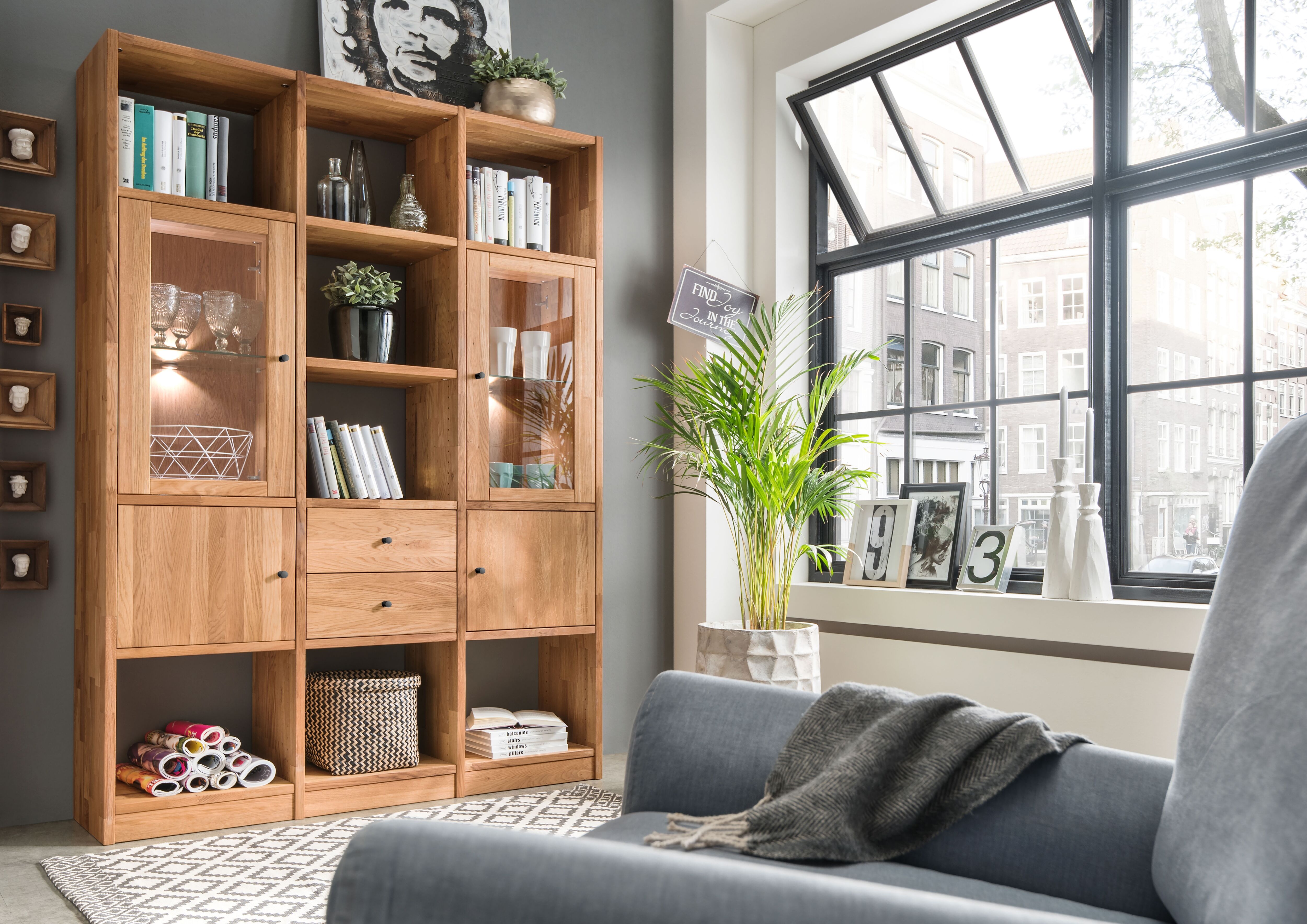 Regalelement HOME AFFAIRE "Ecko, vielseitig als Bücher-, Wohn- oder Aufbewahrungsregal einsetzbar", beige (naturfarben), B:136cm H:202cm T:34cm, Massivholz, Regale, Modulares Regalsystem mit vielseitigen Gestaltungsmöglichkeiten