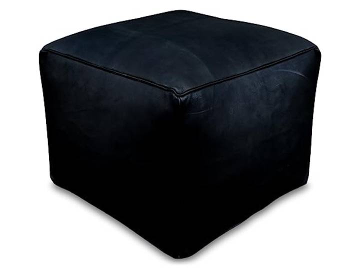 See the Good Quadratischer Leder Pouf - Handgefertigt - gefüllt geliefert - Ottoman, Sitzsack, Fußhocker (Schwarz)