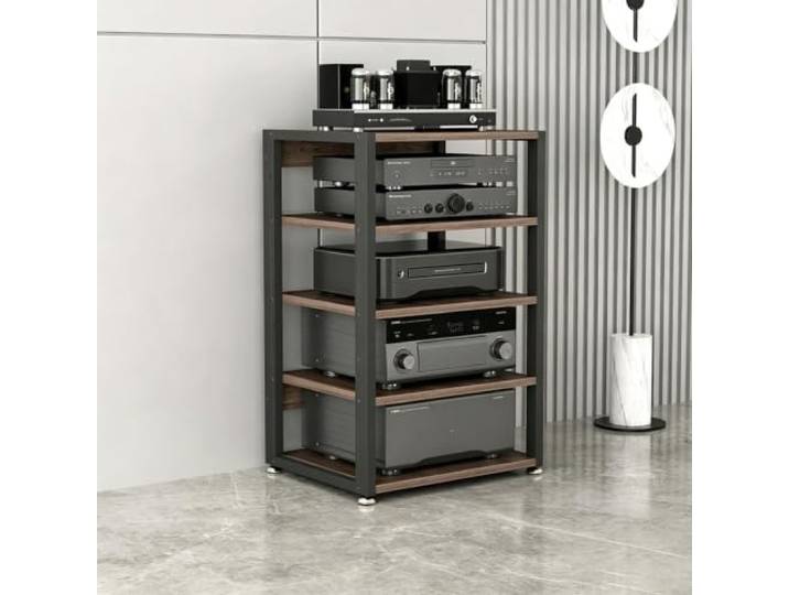 LEUBDIBR Massivholz‑Audio‑Regal mit verstellbaren Ablagen für Stereogeräte Massives Nussbaumholz, stabiler Metallrahmen, individuelle Höhe, Hi‑Fi‑geeignet(5‑Tier 21.7x15.7x34.3in)