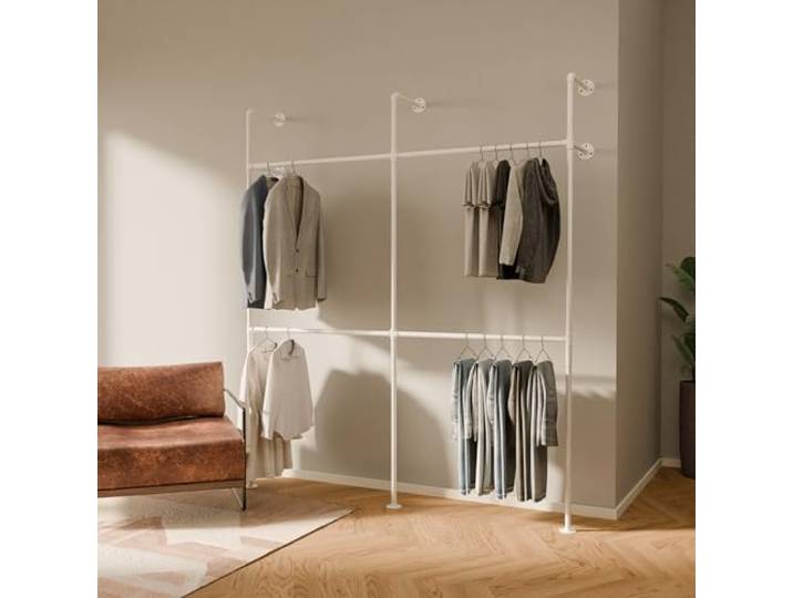 pamo Kleiderstange Wandmontage Weiß – 201 x 222 cm 360 kg Traglast Offener Kleiderschrank Garderobe Wand Metall – Begehbarer Kleiderschrank System