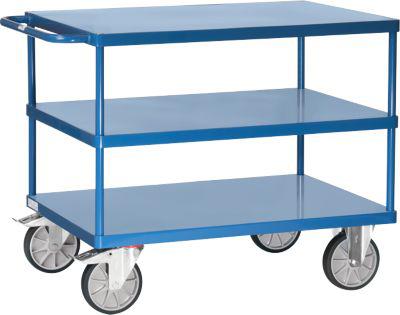 Tischwagen Fetra 2421B, bis 600 kg, 3 Etagen mit Plattformen, Ladefläche L 1000 x B 600 mm, TPE-Bereifung, Schiebegriff, Stahl, brillantblau