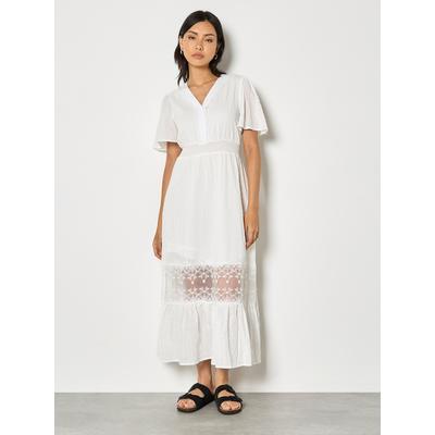 Maxikleid APRICOT "Maxikleid aus Baumwolle", Damen, Gr. S (36), N-Gr, weiß, gewebt, Obermaterial: 100% Baumwolle CO., uni, V-Ausschnitt, Kleider Maxikleid, mit Dobby-Spitze
