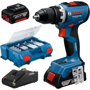Bosch Akku-Bohrschrauber GSR 18V-65 Professional, 18V / 4,0Ah, 2 Akkus, 82-tlg. Zubehörset, Koffer