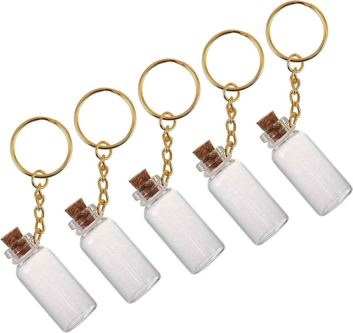 Set van 5 glazen potjes met kurk en gouden metalen haakjes voor decoratie en opslag, 1 cl