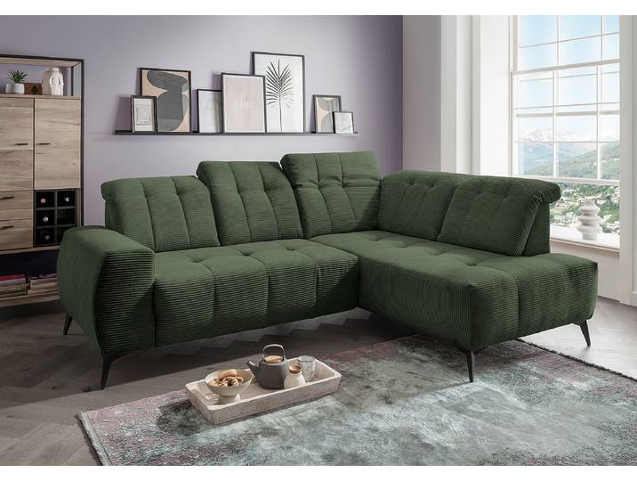 Ecksofa mit Ottomane & Funktion Grün Cordstoff Duana 261 x 104 x 200cm Ottomane davorstehend rechts Modern