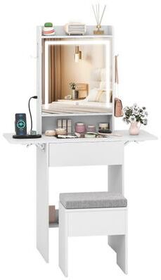 Costway Space-saving Vanity Desk with Mirror and Lights for Bedroom-White