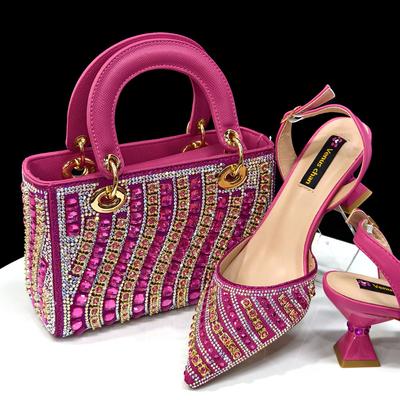 Rhinestone Decoration Fuchsia Color Shoes And Bag Set, Shiny Italian Fashion Pointed Toe Women Heel For Chic Elegance black 38
