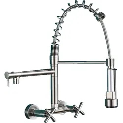 KLARWERK® Björn | Gastronomie Armatur Wandmontage Silber gebürstet | Küchenarmatur Edelstahl Zwei Brausen | Doppelspülbecken Wasserhahn Restaurant