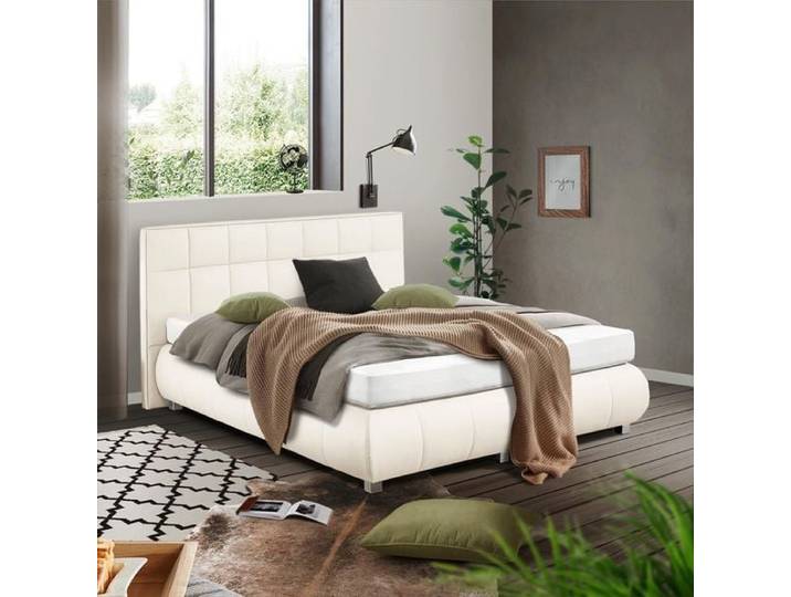 HOMELIV. Boxspringbett Seattle Kunstleder 160x200 cm Bonellfederkern-Box Härtegrad: H2 Weiß kolonial