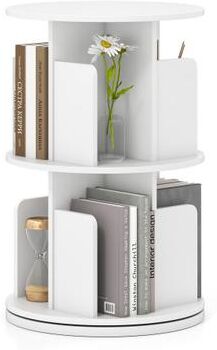 Costway 2-Tier Rotating Bookshelf with Dividers and Anti-falling Baffles-White