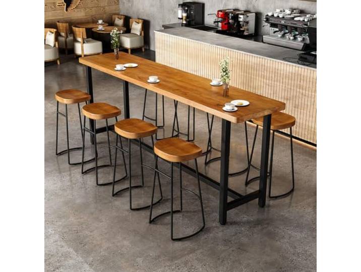 Massivholz Bartisch, Industrie-Stehtisch für Küche, schmaler Tresen Lange‑schmale Stehtischplatte mit robustem Metallrahmen; geeignet für Bar, Café, Restaurant & Balkon, Hocker nicht enthalten