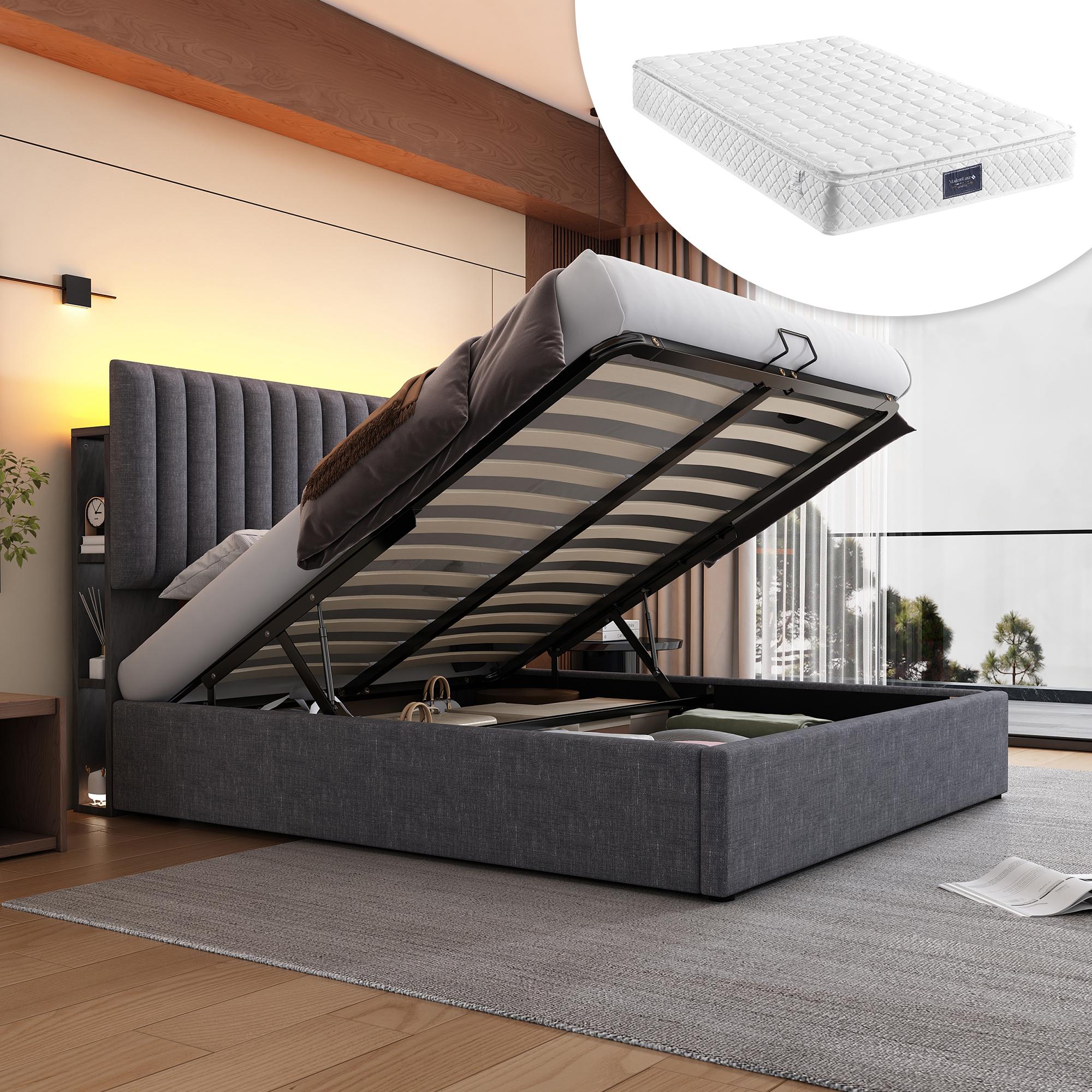 Polsterbett Stauraum Doppelbett LED App-Control Bett mit aufladen USB Type C Ladefunktion, Stauraum & Verstellbares Kopfteil