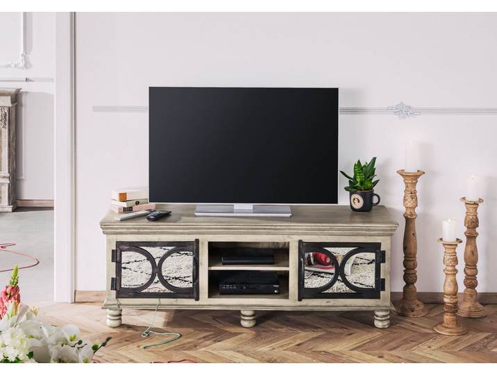Meuble TV 150x45 Manguier laqué Gris HERMITAGE #611
