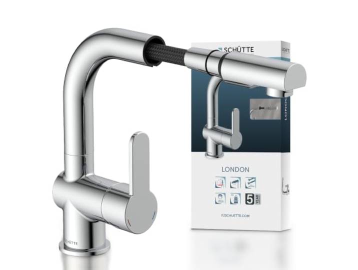 SCHÜTTE 79710 LONDON Wasserhahn fürs Bad, Haarbrause Waschtischarmatur mit herausziehbarer Brause, ideal zum Haarewaschen, Einhebelmischer mit Ablaufgarnitur in Chrom