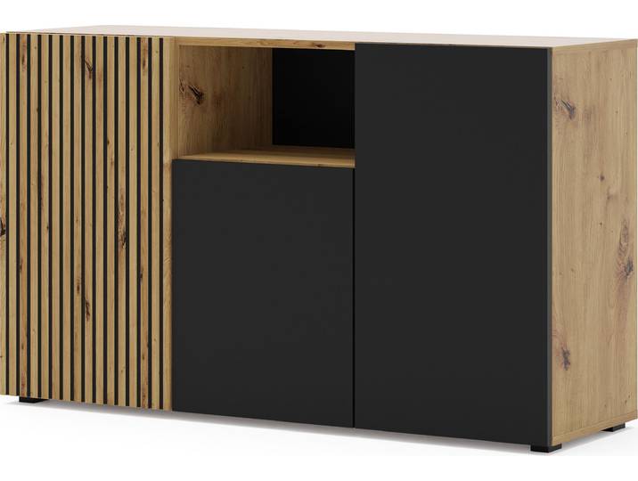 Kommode AURIS 3D 135 cm Schrank mit 3 Türen Artisan Eiche / Schwarz Matt